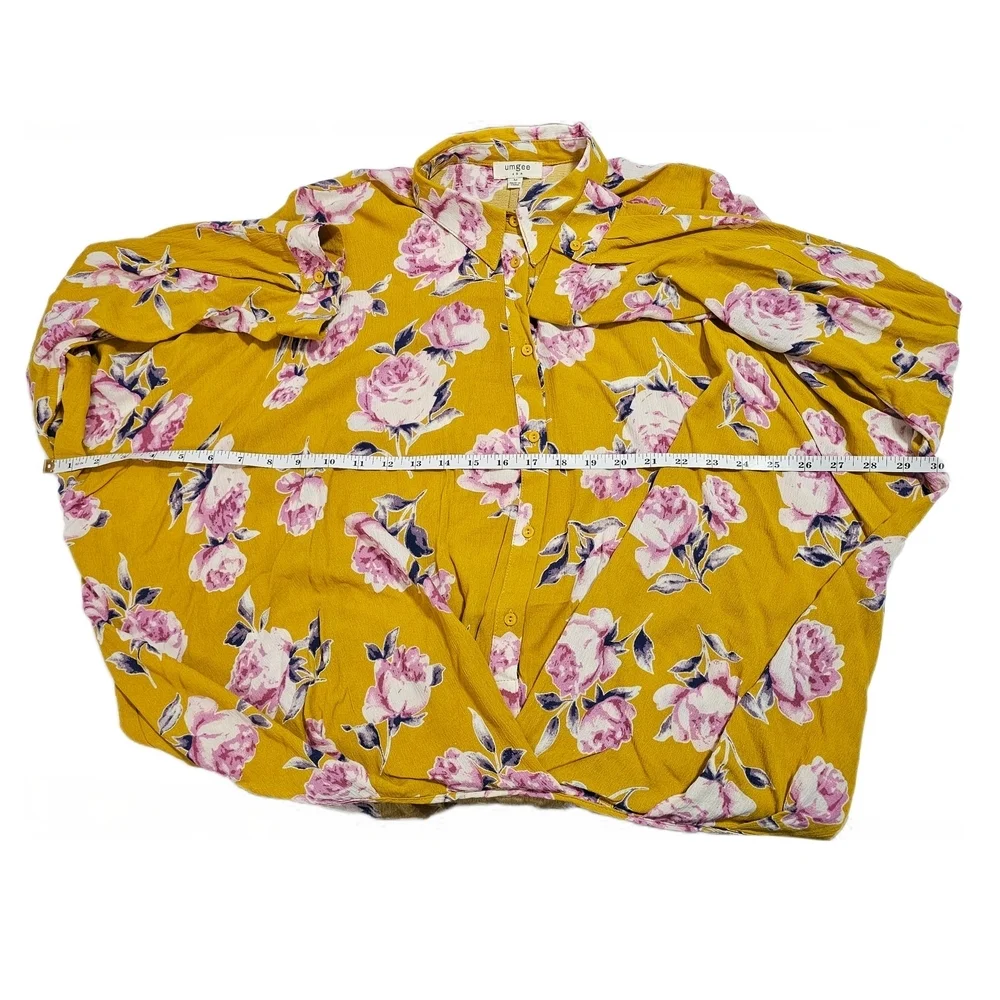 Umgee Top Yellow Pink Floral Drape Crossover Twist Hem Blouse Top Button Front